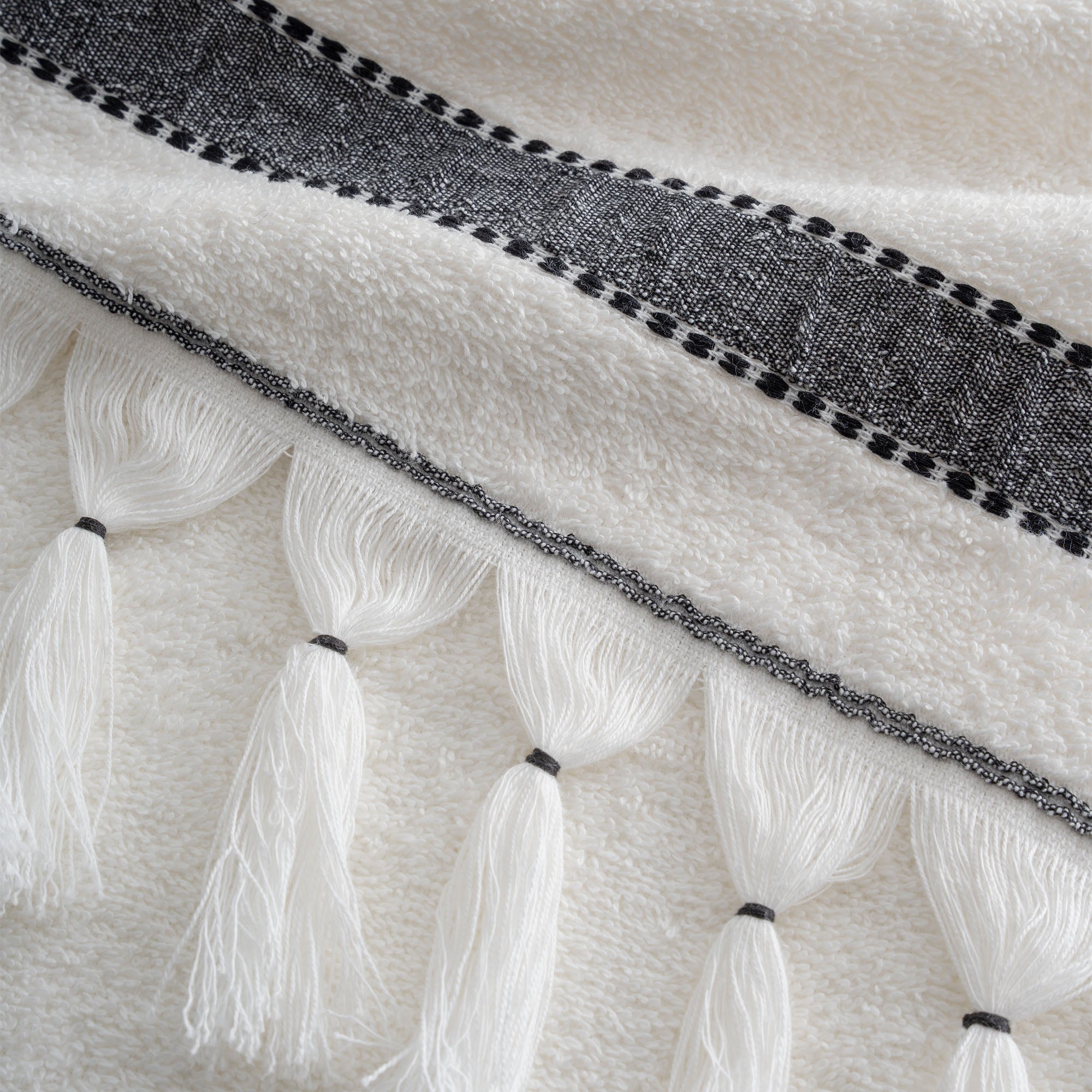 Galya 4-Piece Hand & Face Towel Set %100 Organic Cotton with Kapok Bordered Cream - Black 50X90 Cm