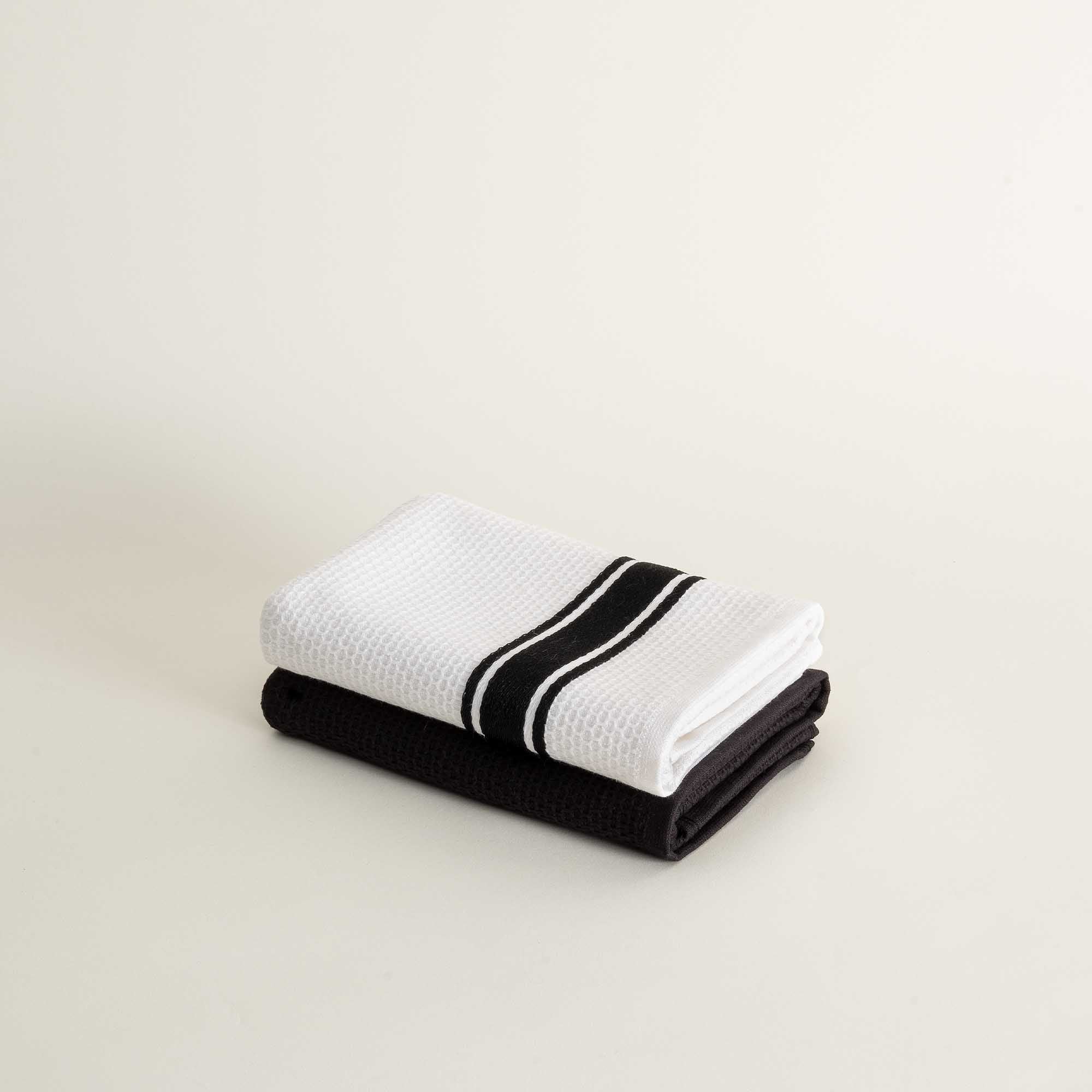 Elvin 2-Pack Drying Towel Set 100% Cotton Printed Black-Cream 40X60 Cm