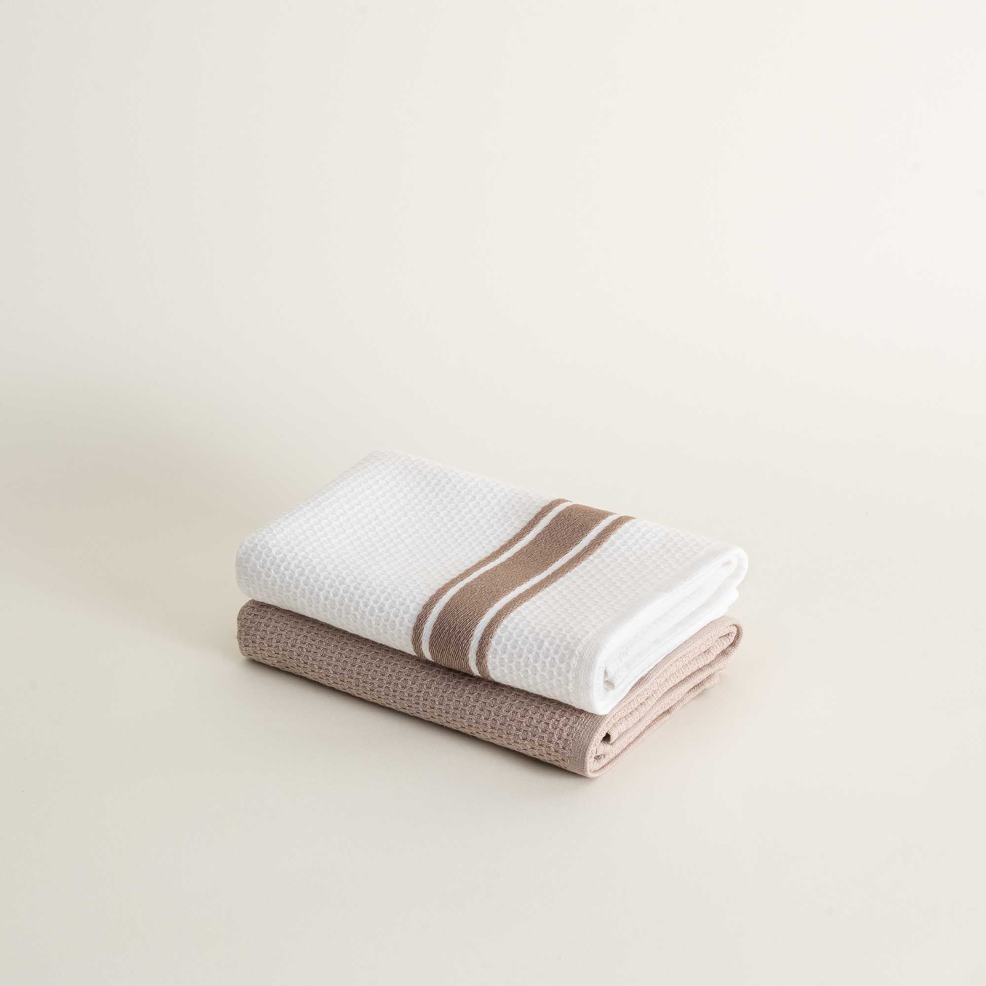 Elvin 2-Pack Drying Towel Set 100% Cotton Printed Beige-Cream 40X60 Cm
