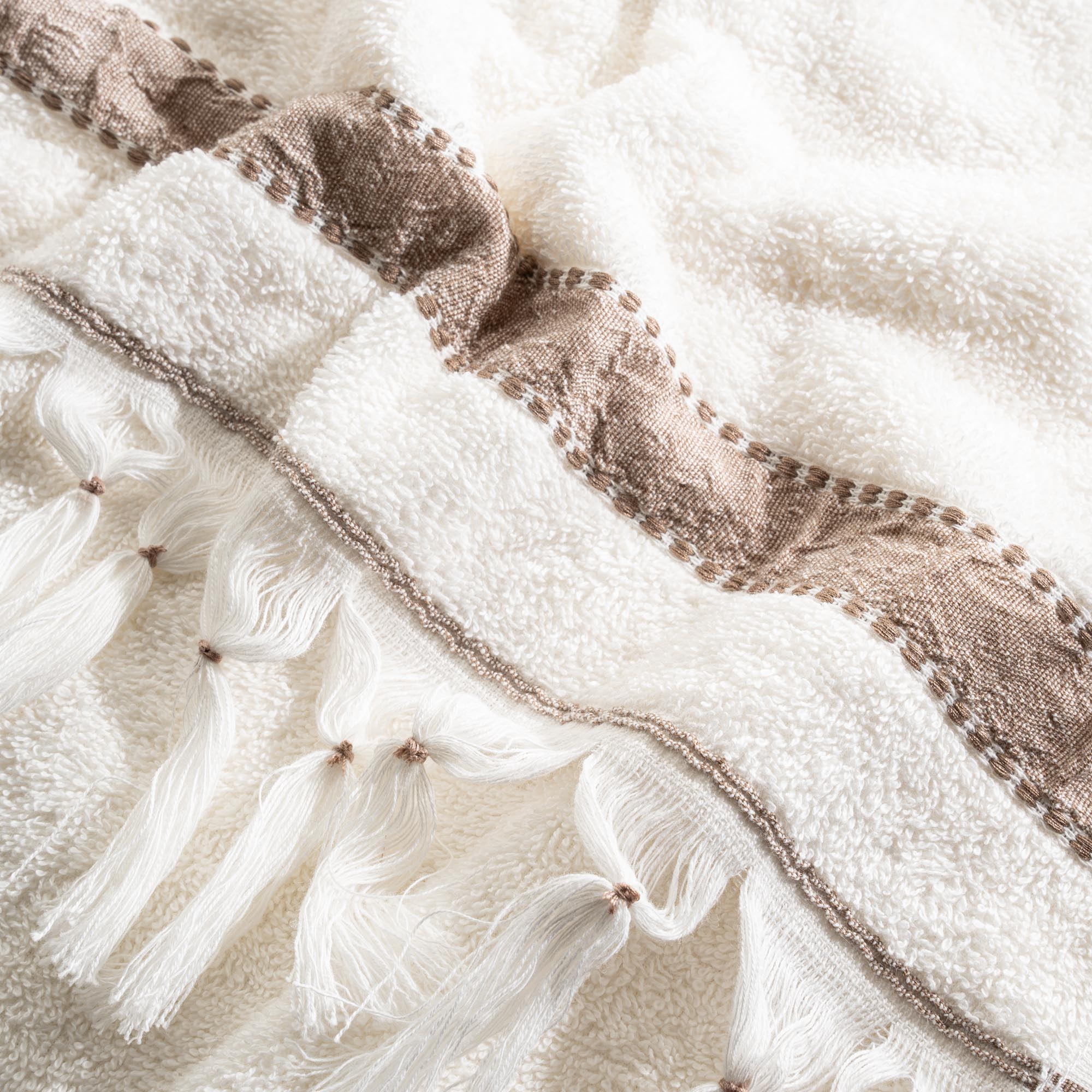 Galya 2-Piece Hand & Face Towel Set %100 Organic Cotton with Kapok Bordered Cream - Beige 50X90 Cm