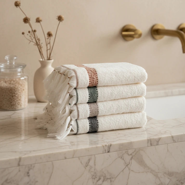 Galya Organic Turkish Cotton Kapok Bordered Hand Towel Set of 4 Assorted