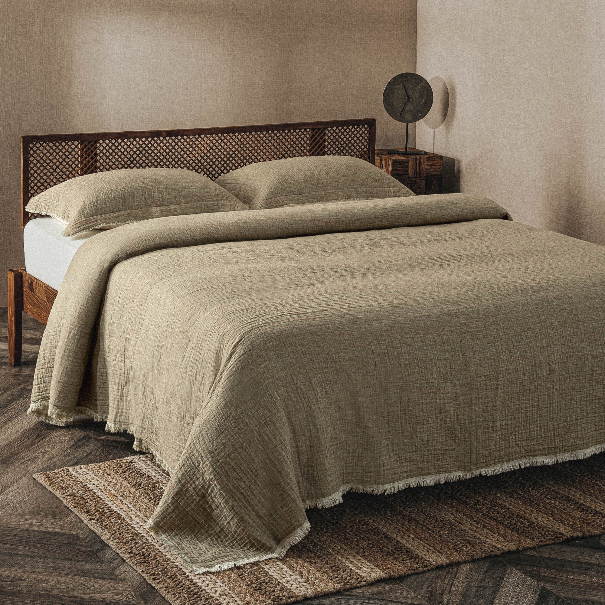 Muna Organic Turkish Cotton Double Bedspread Set Inject Green-Cream
