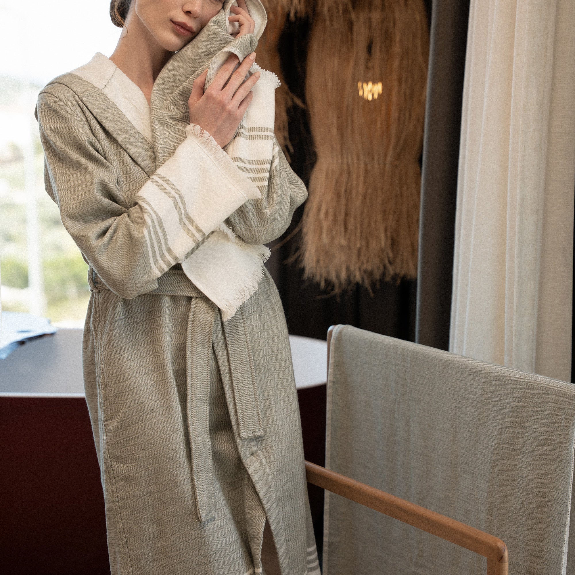 Erva Organic Turkish Cotton Linen Women's Bathrobe Khaki
