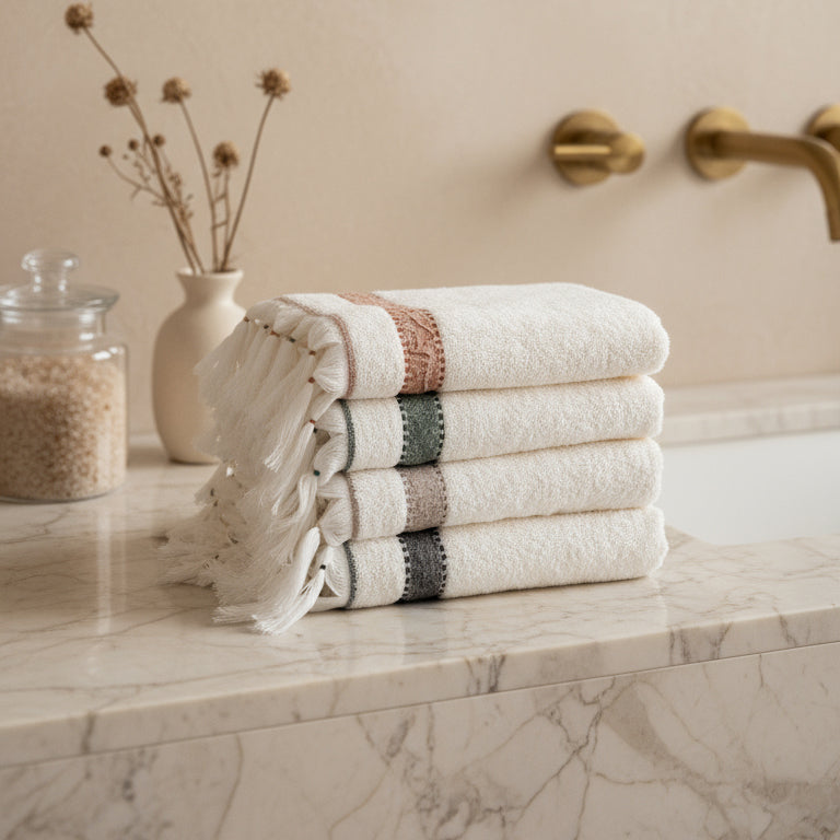 Galya 4-Piece Hand & Face Towel Set %100 Organic Cotton with Kapok Bordered 50X90 Cm