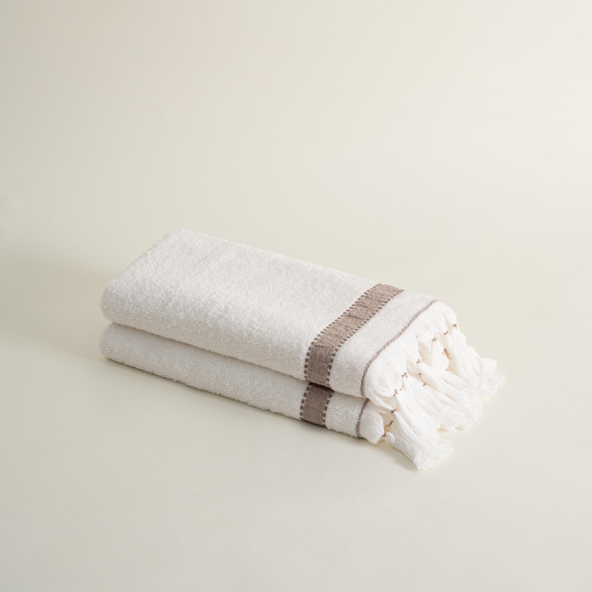 Galya 2-Piece Hand & Face Towel Set %100 Organic Cotton with Kapok Bordered Cream - Beige 50X90 Cm