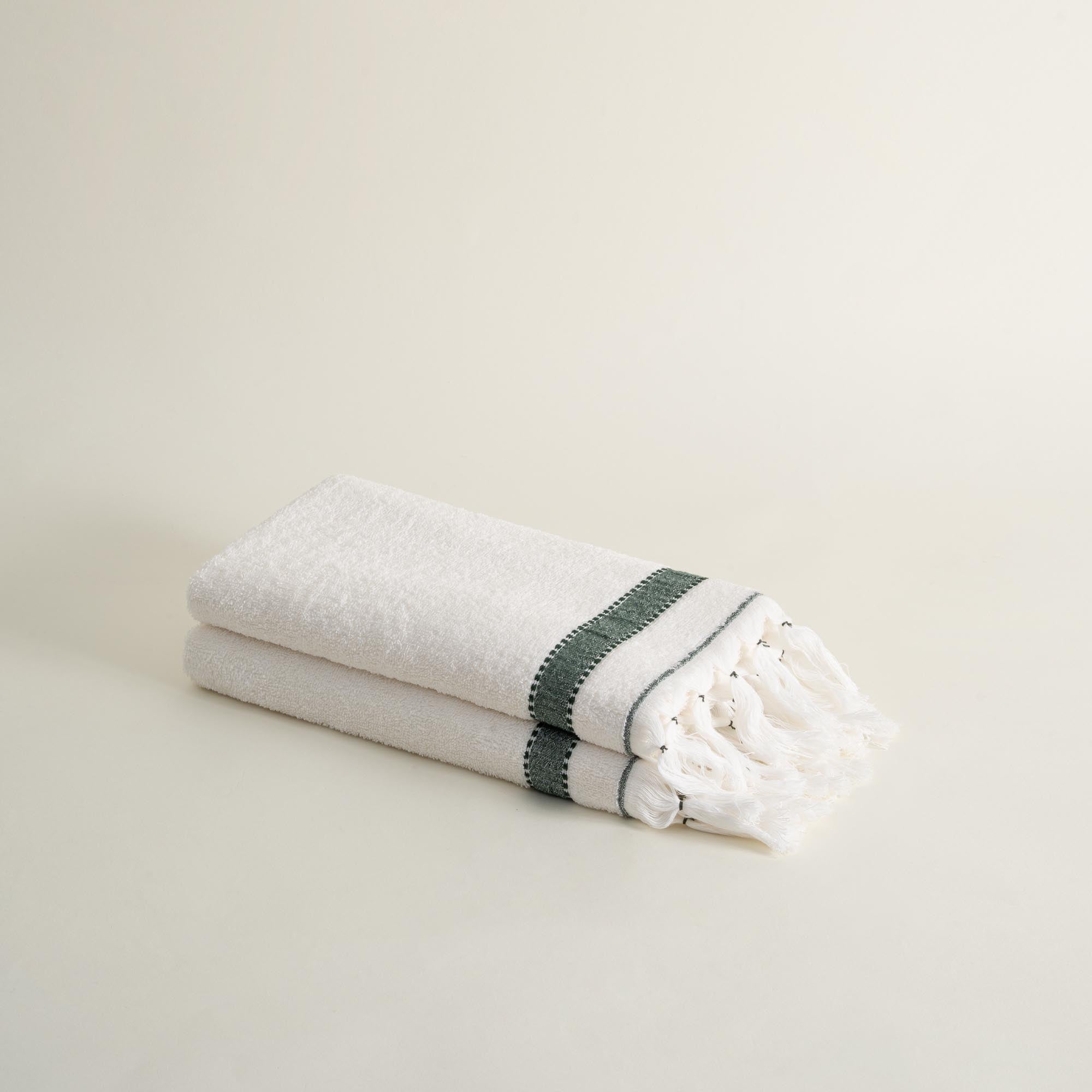 Galya 2-Piece Hand & Face Towel Set %100 Organic Cotton with Kapok Bordered Cream - Green 50X90 Cm