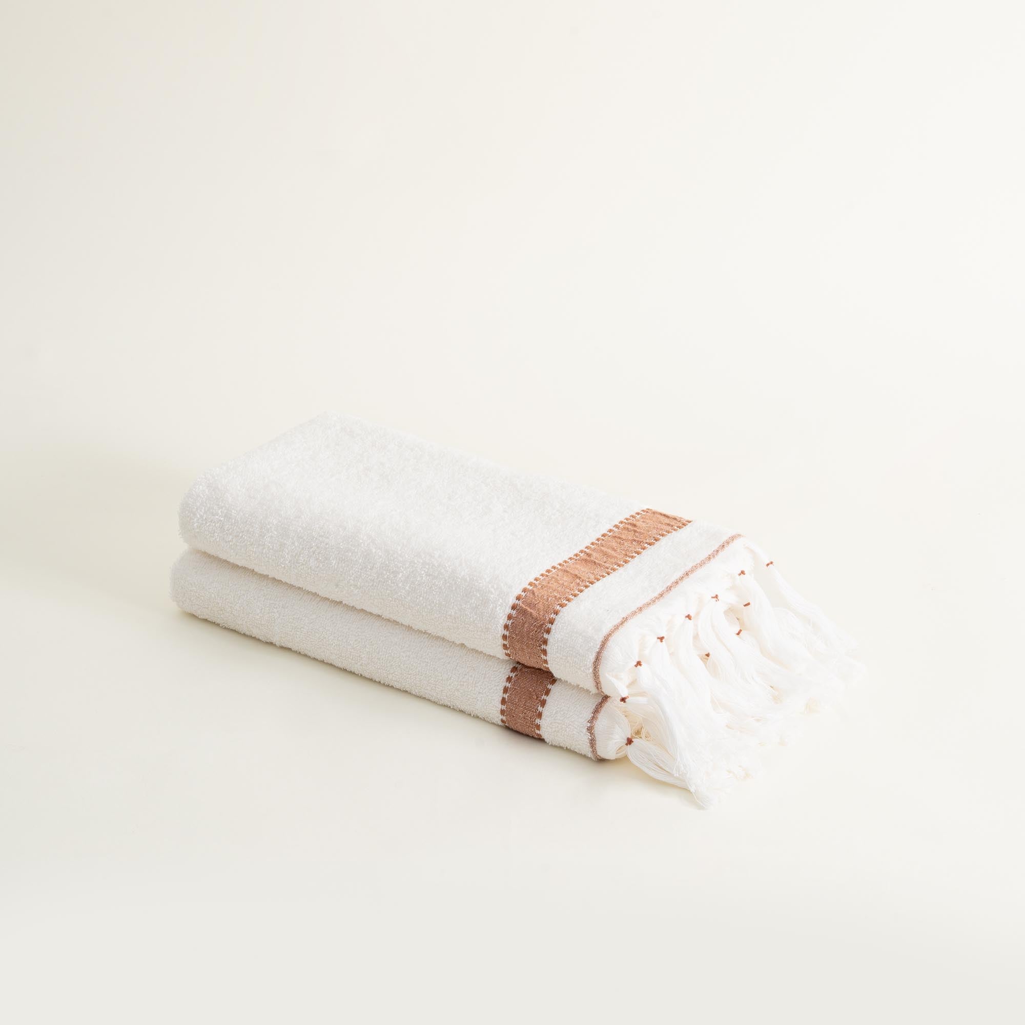Galya 2-Piece Hand & Face Towel Set %100 Organic Cotton with Kapok Bordered Cream - Terra 50X90 Cm