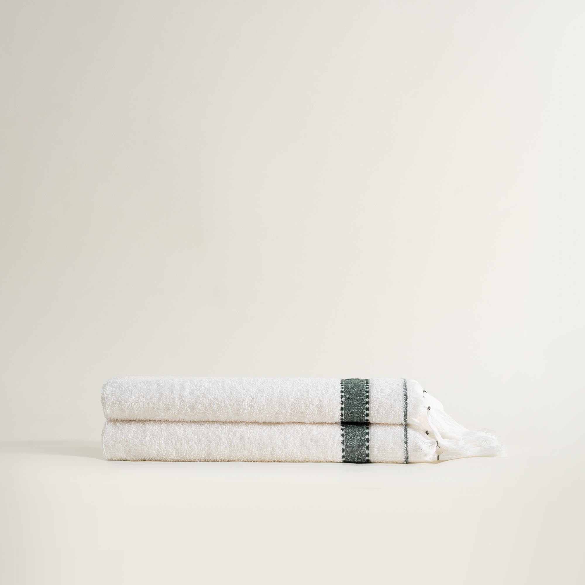 Galya 2-Piece Hand & Face Towel Set %100 Organic Cotton with Kapok Bordered Cream - Green 50X90 Cm