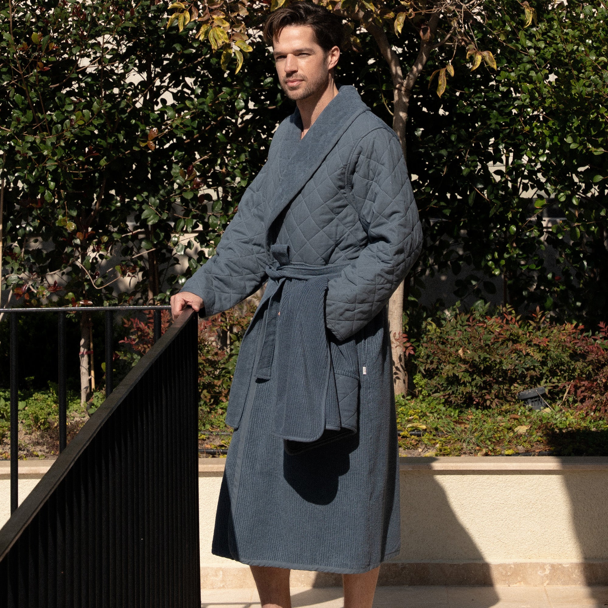 Hüma Quilted Turkish Cotton Men's Bathrobe Navy Blue