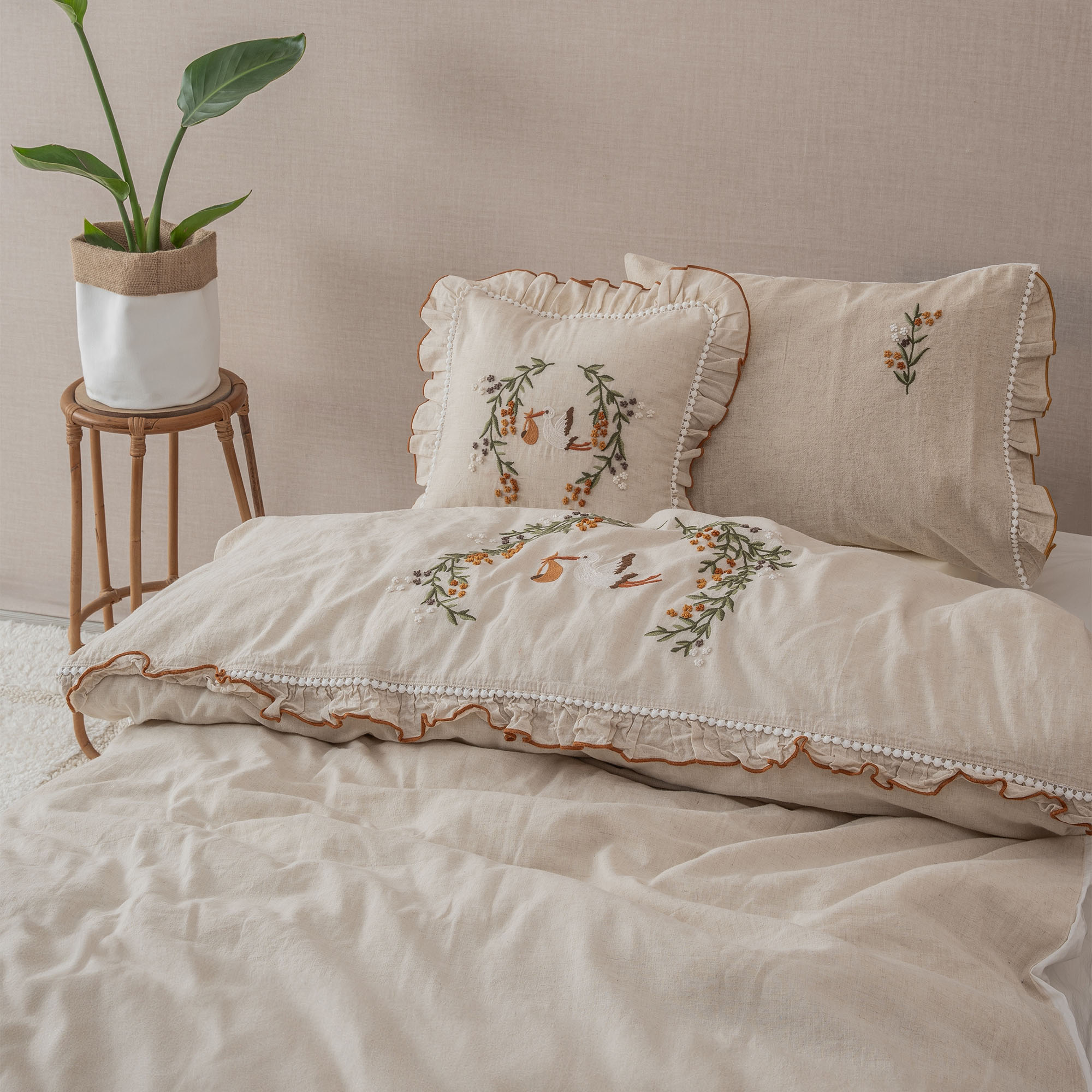 Polina Linen Hand Embroidery Baby Bedding Set Beige