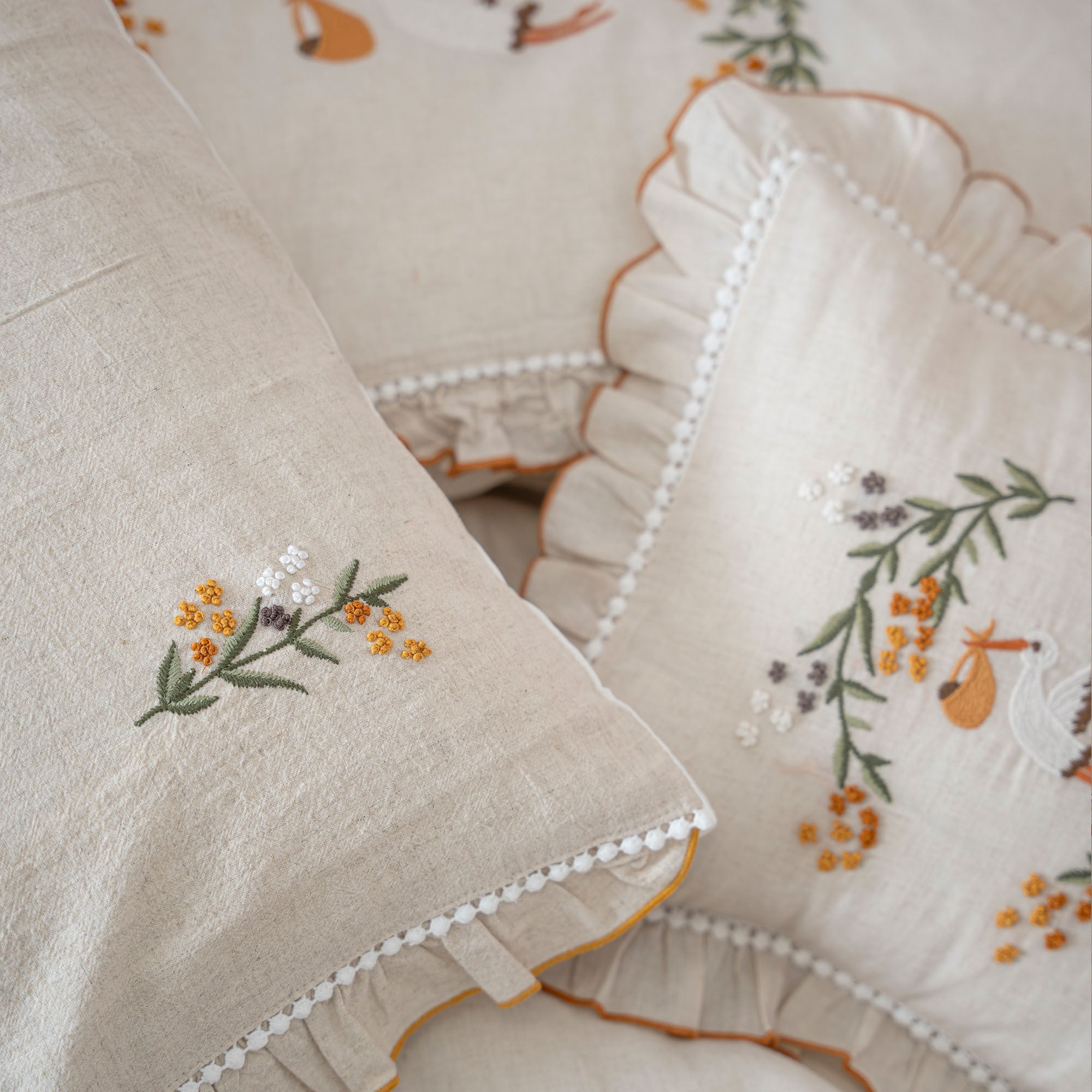 Polina Linen Hand Embroidery Baby Bedding Set Beige