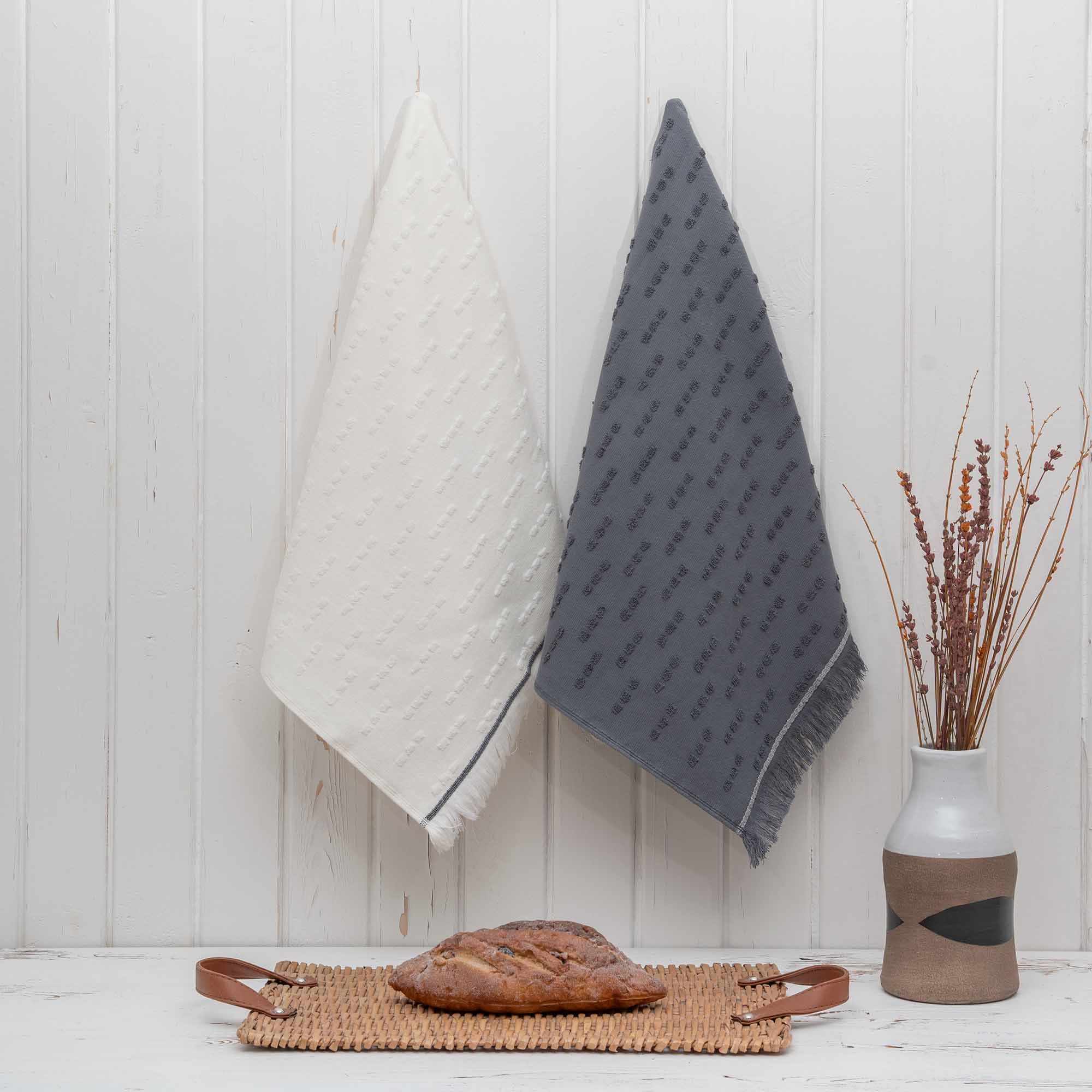 Pera Turkish Cotton Bouclé Dish Towel Set of 2 Cream-Navy Blue