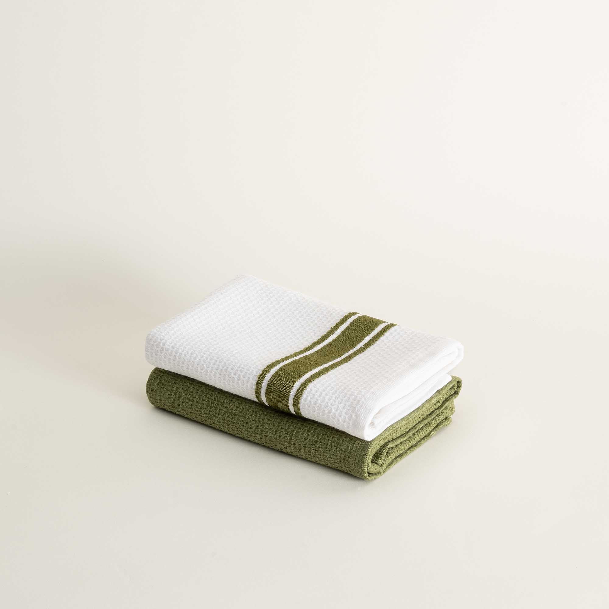 Elvin 2-Pack Drying Towel Set 100% Cotton Printed Green-Cream 40X60 Cm