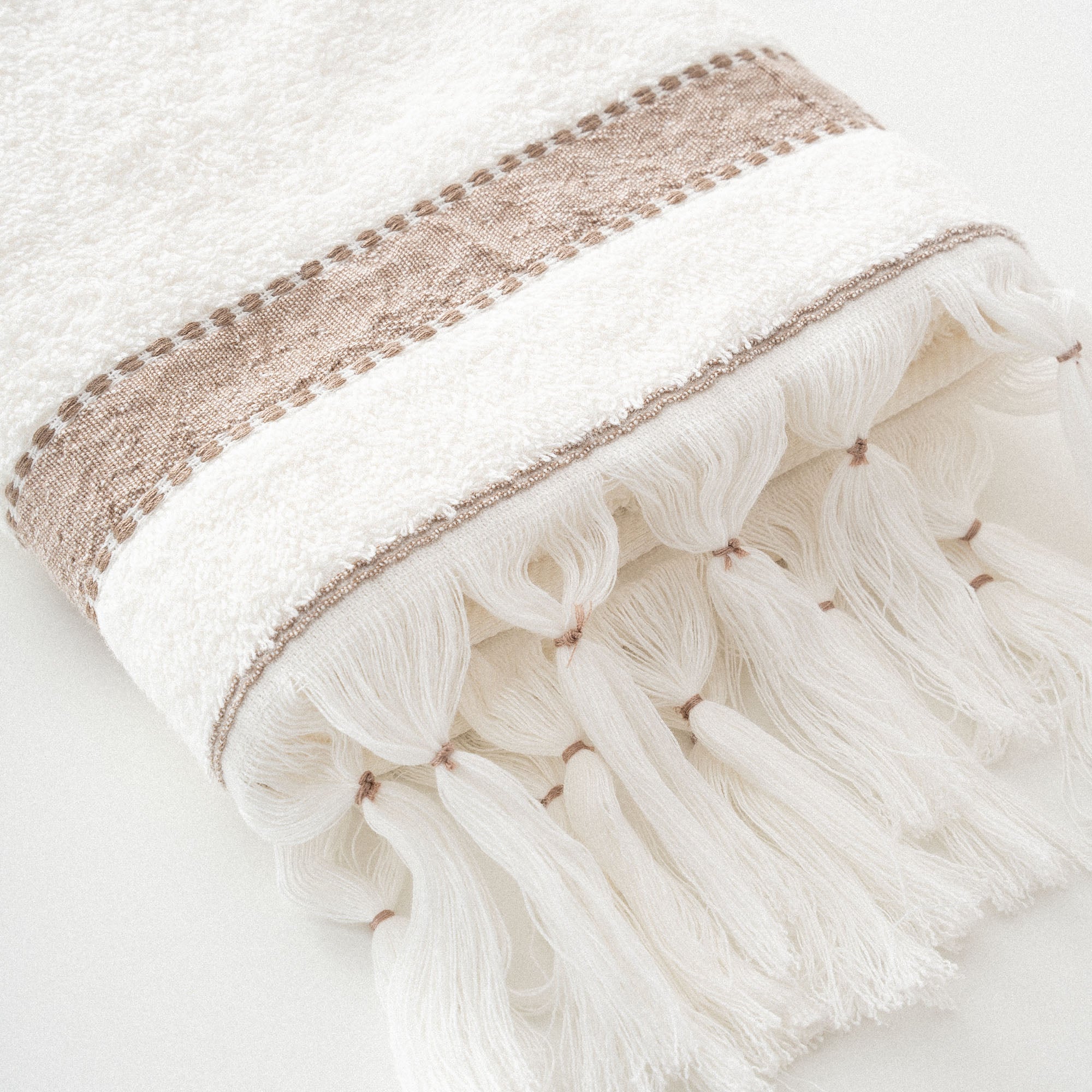 Galya Organic Turkish Cotton Kapok Bordered Hand Towel Cream-Beige