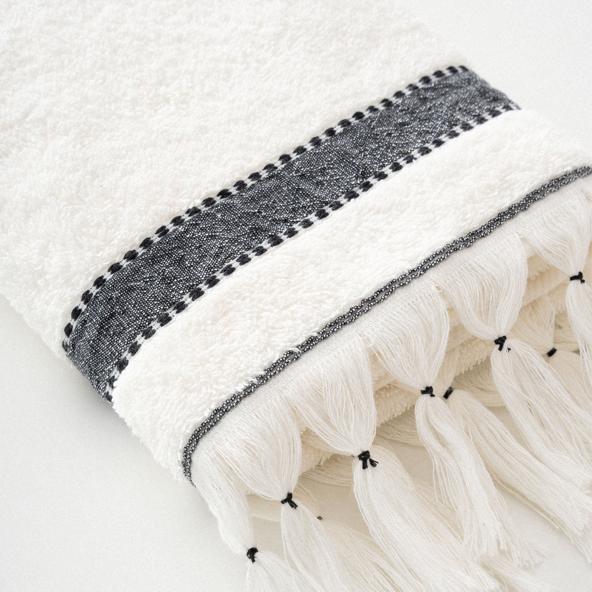 Galya Organic Turkish Cotton Kapok Bordered Hand Towel Cream-Black