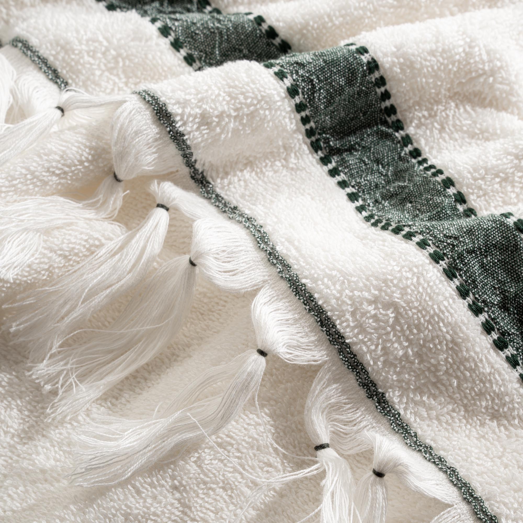 Galya 2-Piece Hand & Face Towel Set %100 Organic Cotton with Kapok Bordered Cream - Green 50X90 Cm