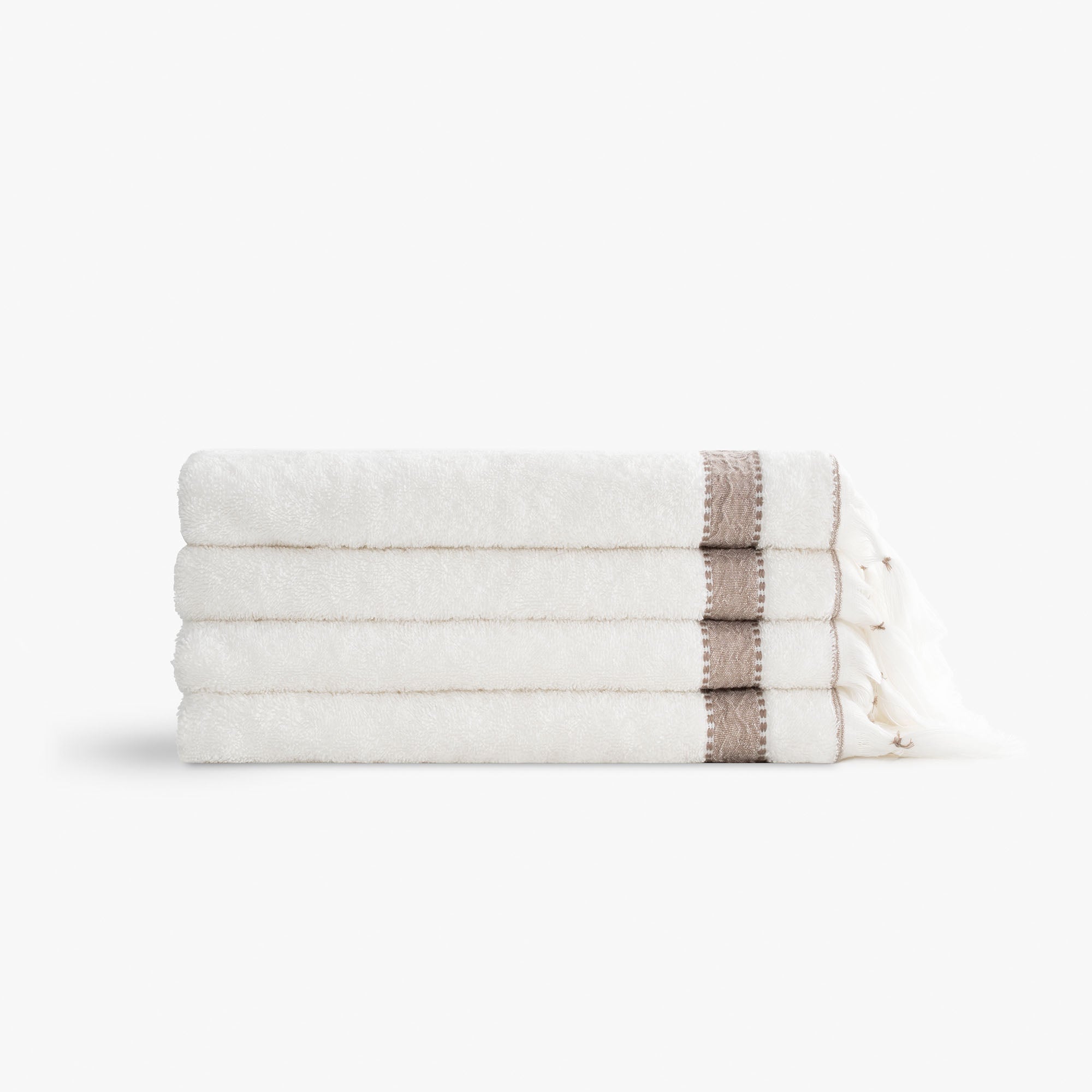 Galya 4-Piece Hand & Face Towel Set %100 Organic Cotton with Kapok Bordered Cream - Beige 50X90 Cm