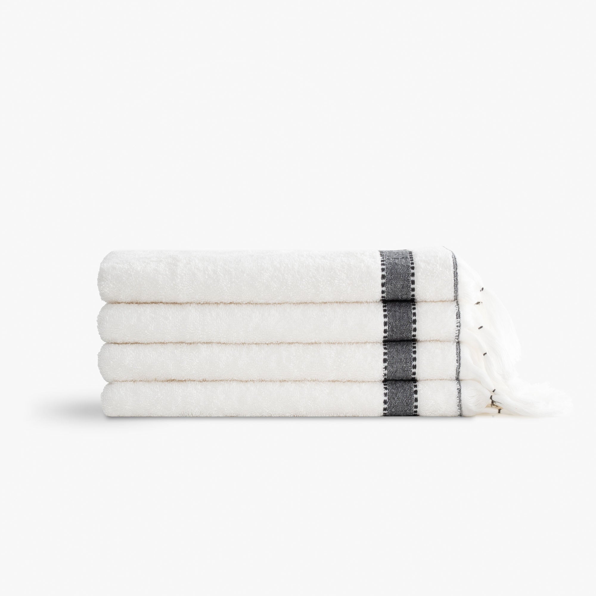 Galya 4-Piece Hand & Face Towel Set %100 Organic Cotton with Kapok Bordered Cream - Black 50X90 Cm