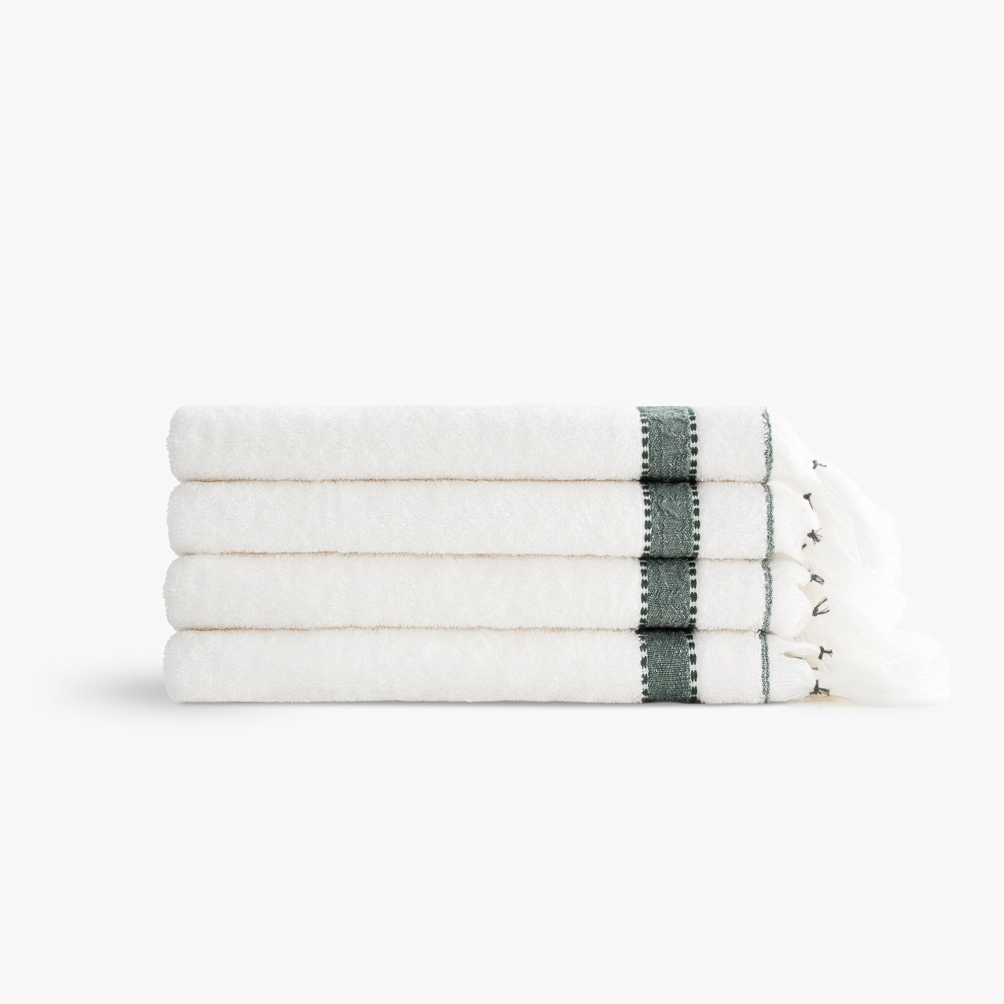 Galya 4-Piece Hand & Face Towel Set %100 Organic Cotton with Kapok Bordered Cream - Green 50X90 Cm