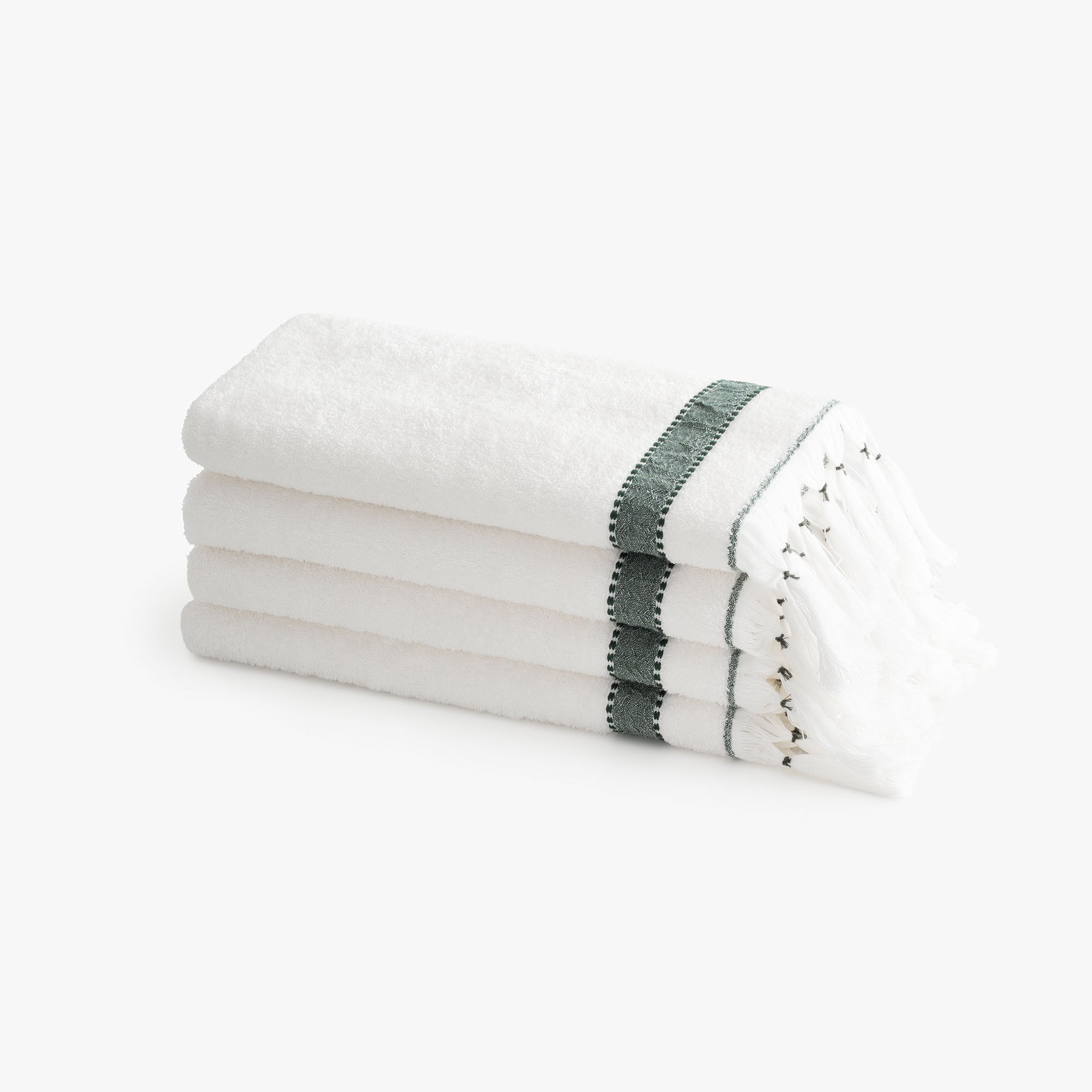 Galya 4-Piece Hand & Face Towel Set %100 Organic Cotton with Kapok Bordered Cream - Green 50X90 Cm