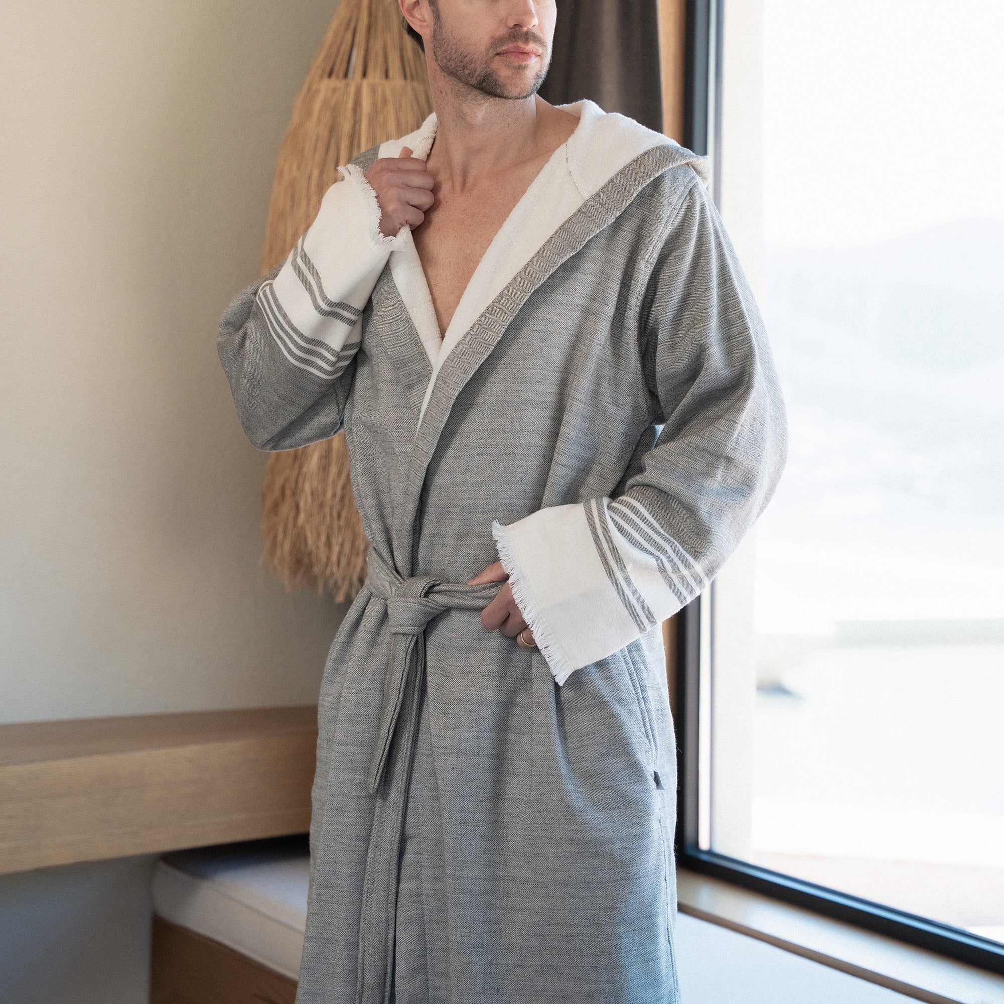 Erva Organic Turkish Cotton Linen Men's Bathrobe Anthracite