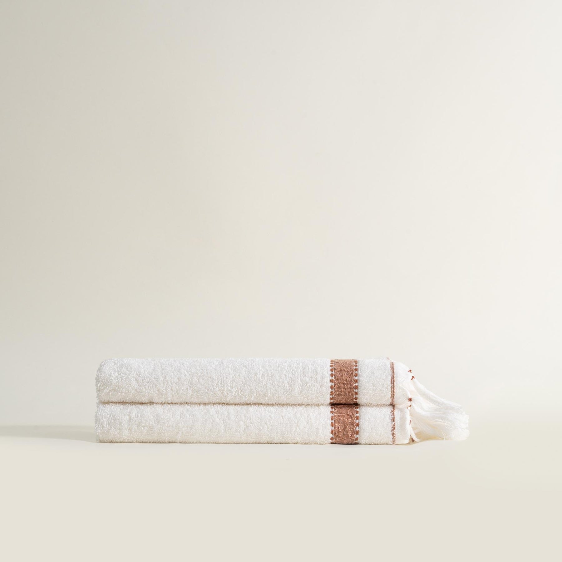 Galya 2-Piece Hand & Face Towel Set %100 Organic Cotton with Kapok Bordered Cream - Terra 50X90 Cm