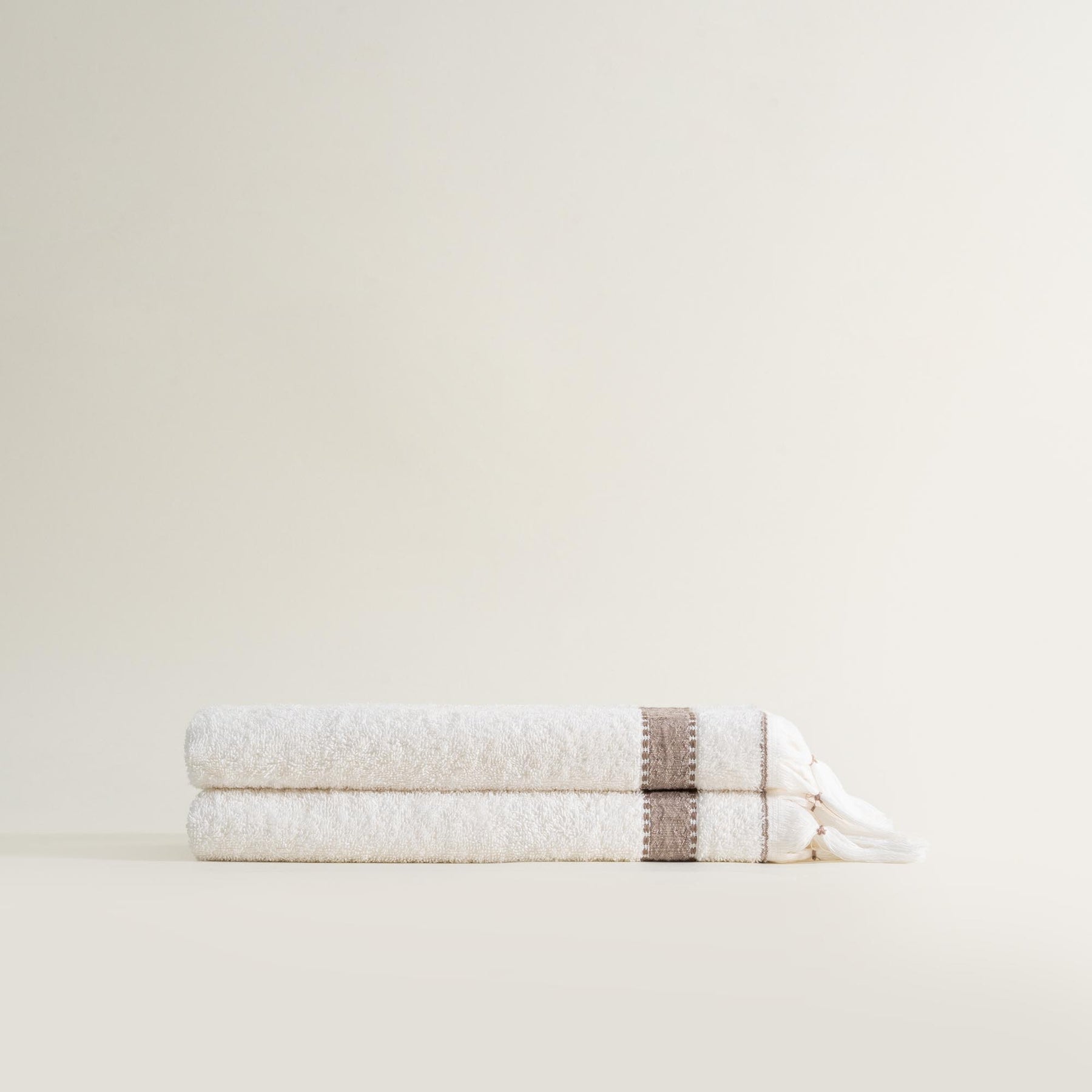 Galya 2-Piece Hand & Face Towel Set %100 Organic Cotton with Kapok Bordered Cream - Beige 50X90 Cm