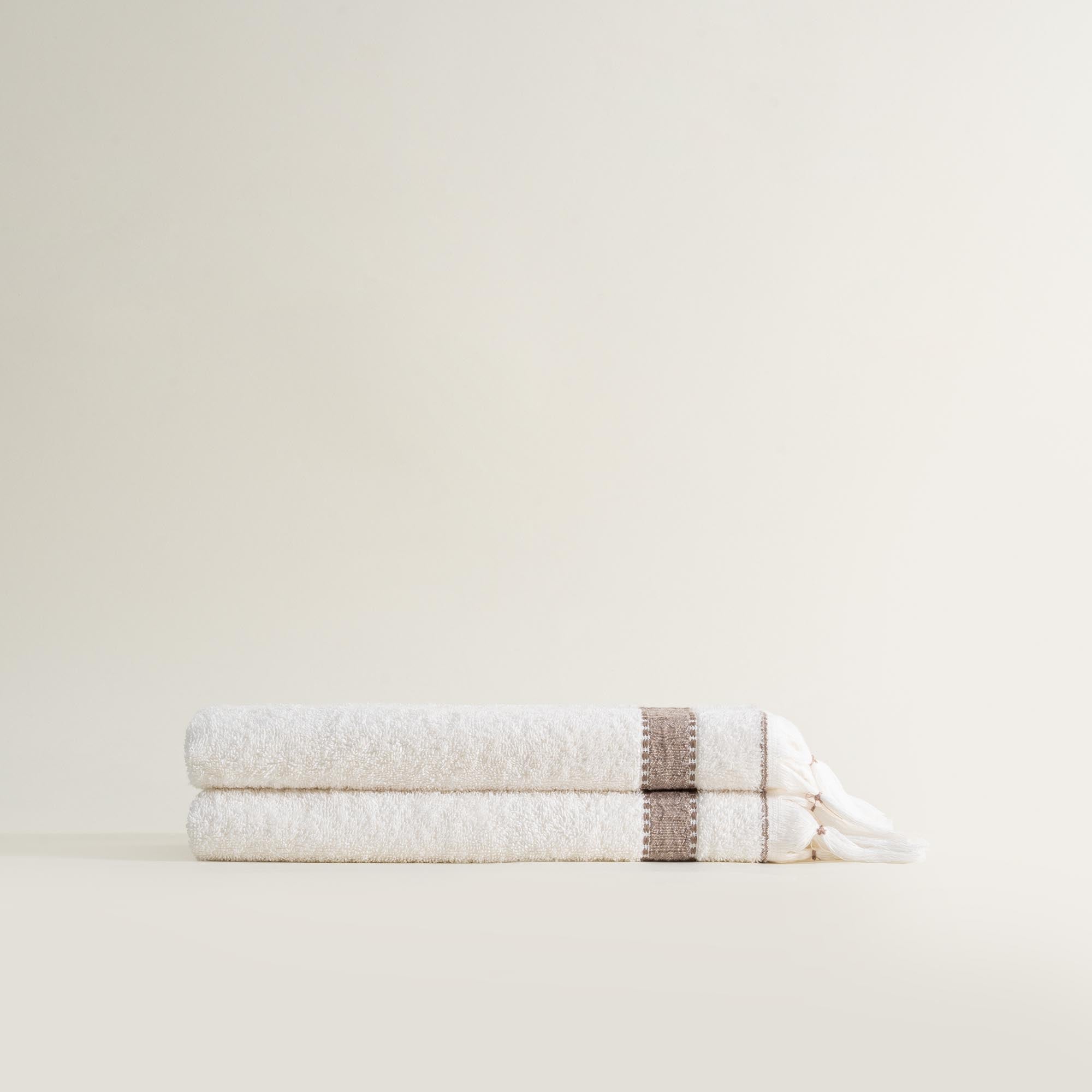 Galya 2-Piece Hand & Face Towel Set %100 Organic Cotton with Kapok Bordered Cream - Beige 50X90 Cm