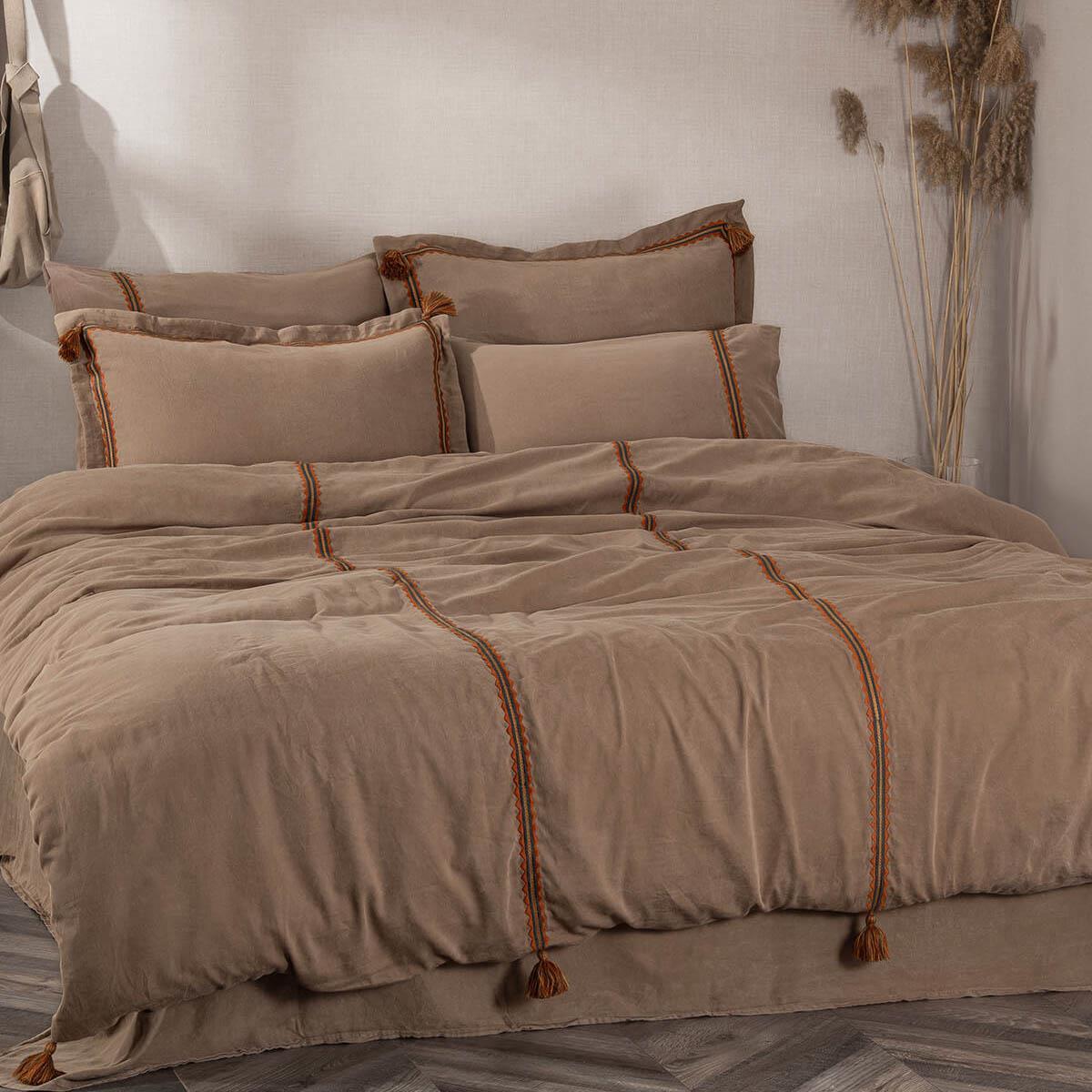 Hazar Organic Cotton Satin Double Bedding Set Piece-Dyed Beige