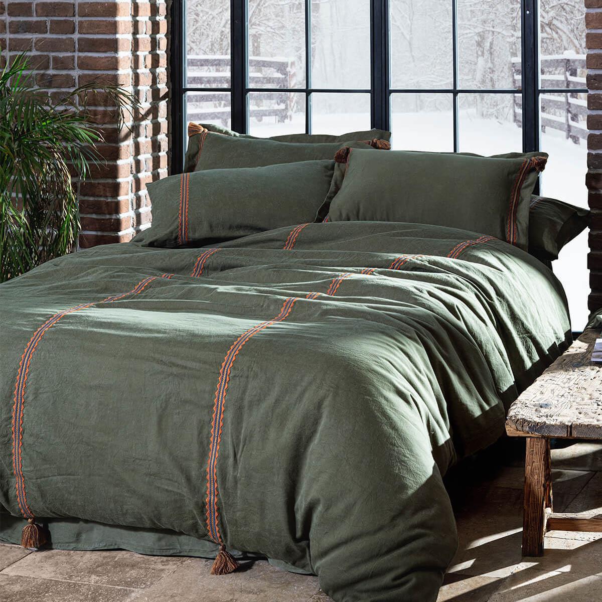 Hazar Organic Cotton Satin Double Bedding Set Piece-Dyed Green