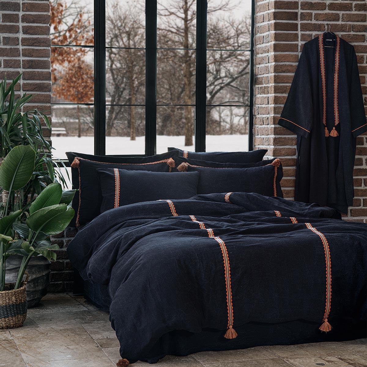 Hazar Organic Cotton Satin Double Bedding Set Piece-Dyed Black