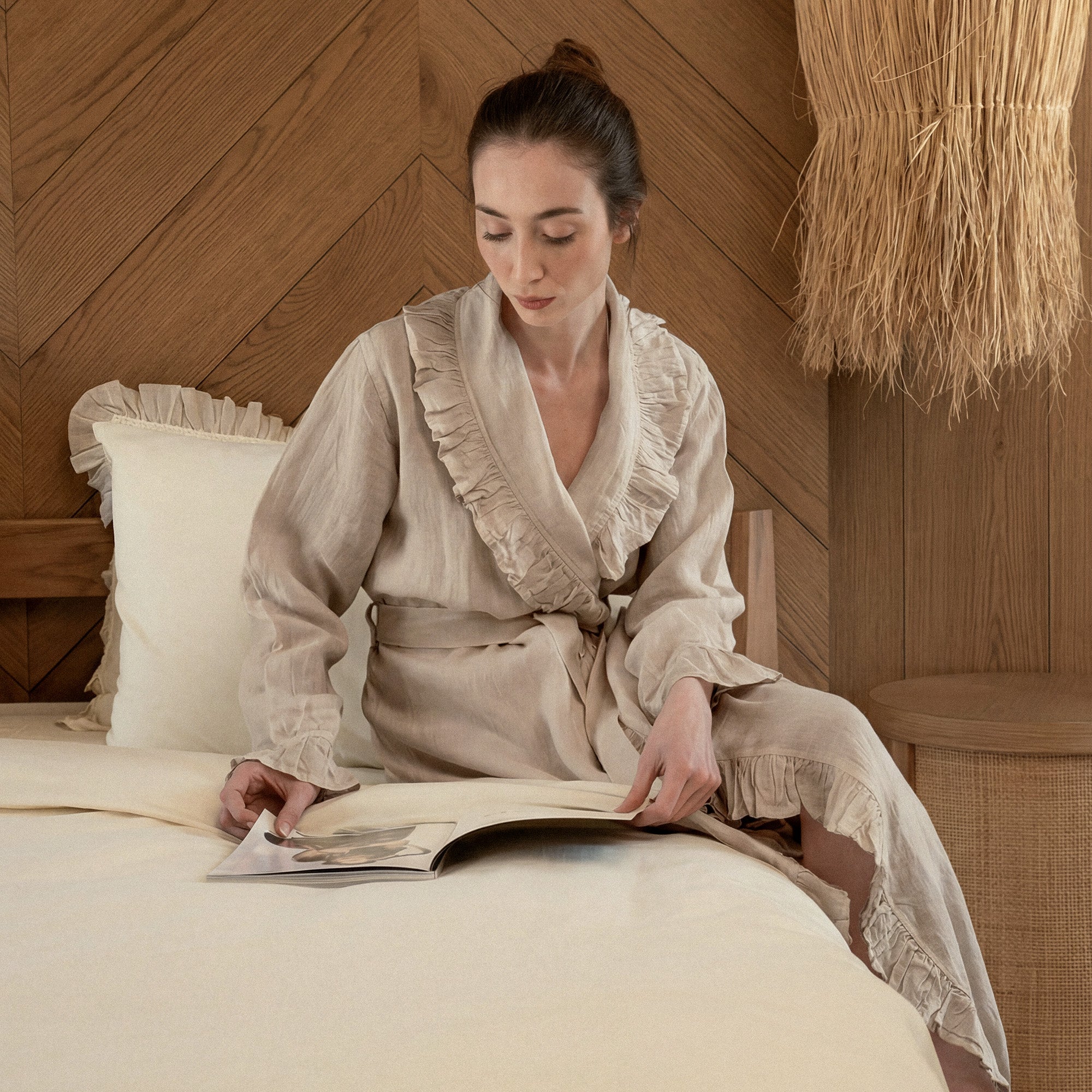 Miranda Woman Dressing Gown 100% Linen Garment Dyed Beige