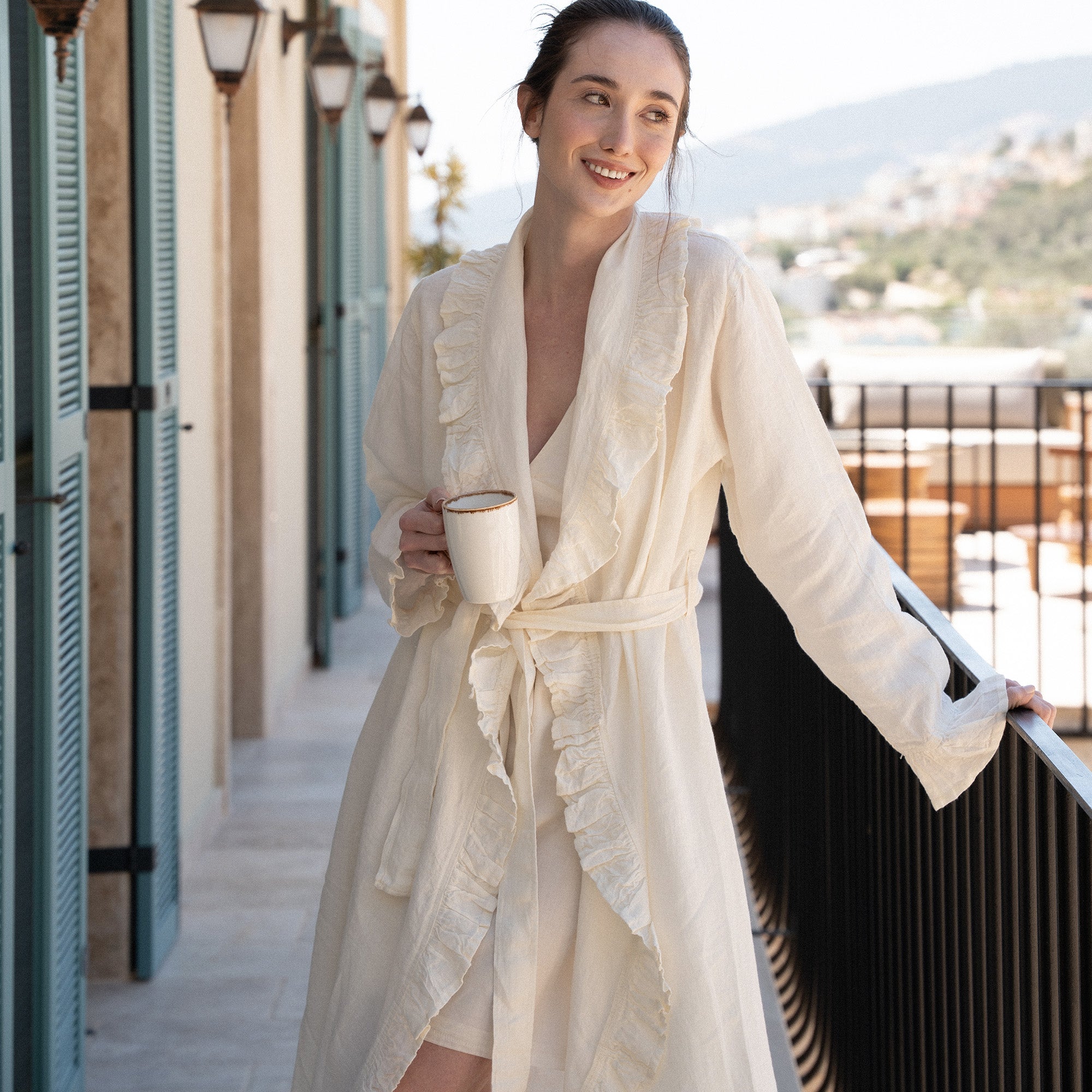 Miranda Woman Dressing Gown 100% Linen Garment Dyed Cream