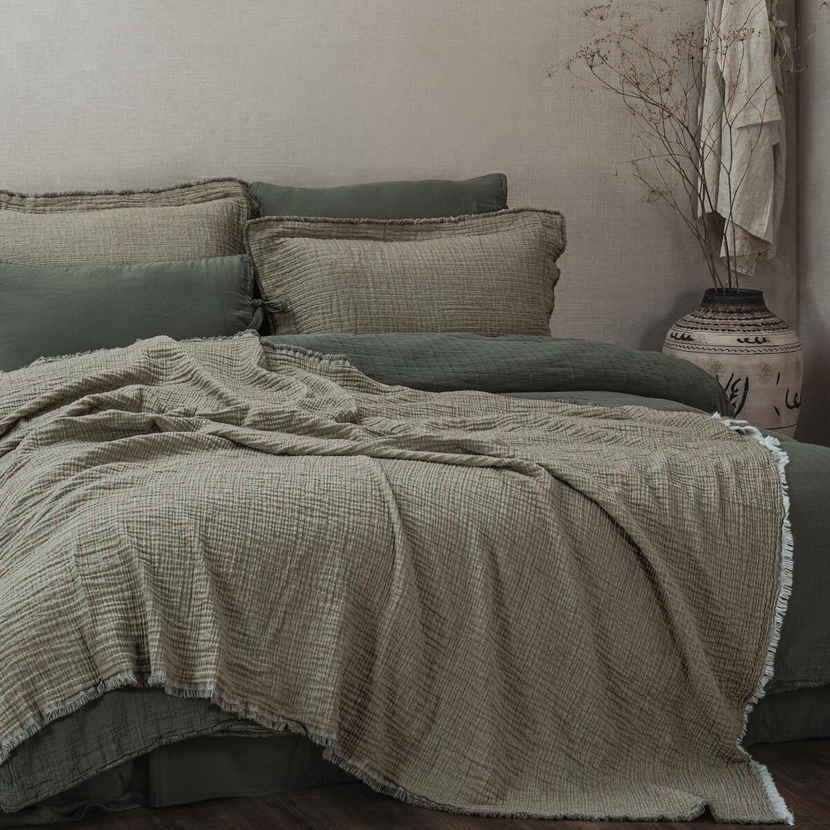 Muna Organic Cotton Inject Double Bedspread Set Green-Dark Green