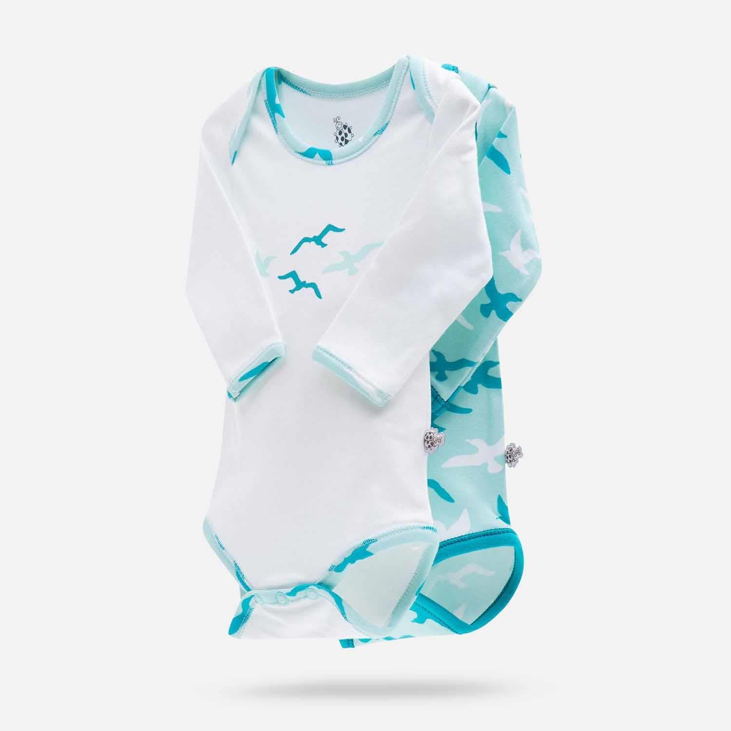 Turna Organic Cotton Baby Bodysuit Set of 2 Long Sleeved White-Turquoise