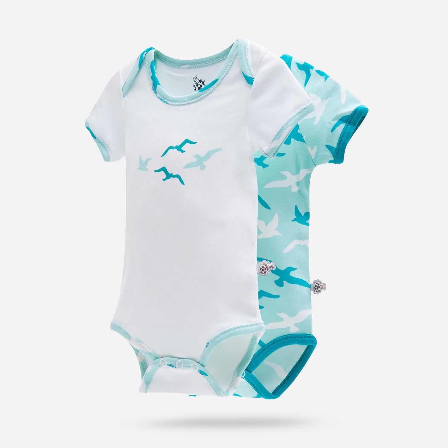 Turna Organic Cotton Baby Bodysuit Set of 2 Short Sleeved White-Turquoise